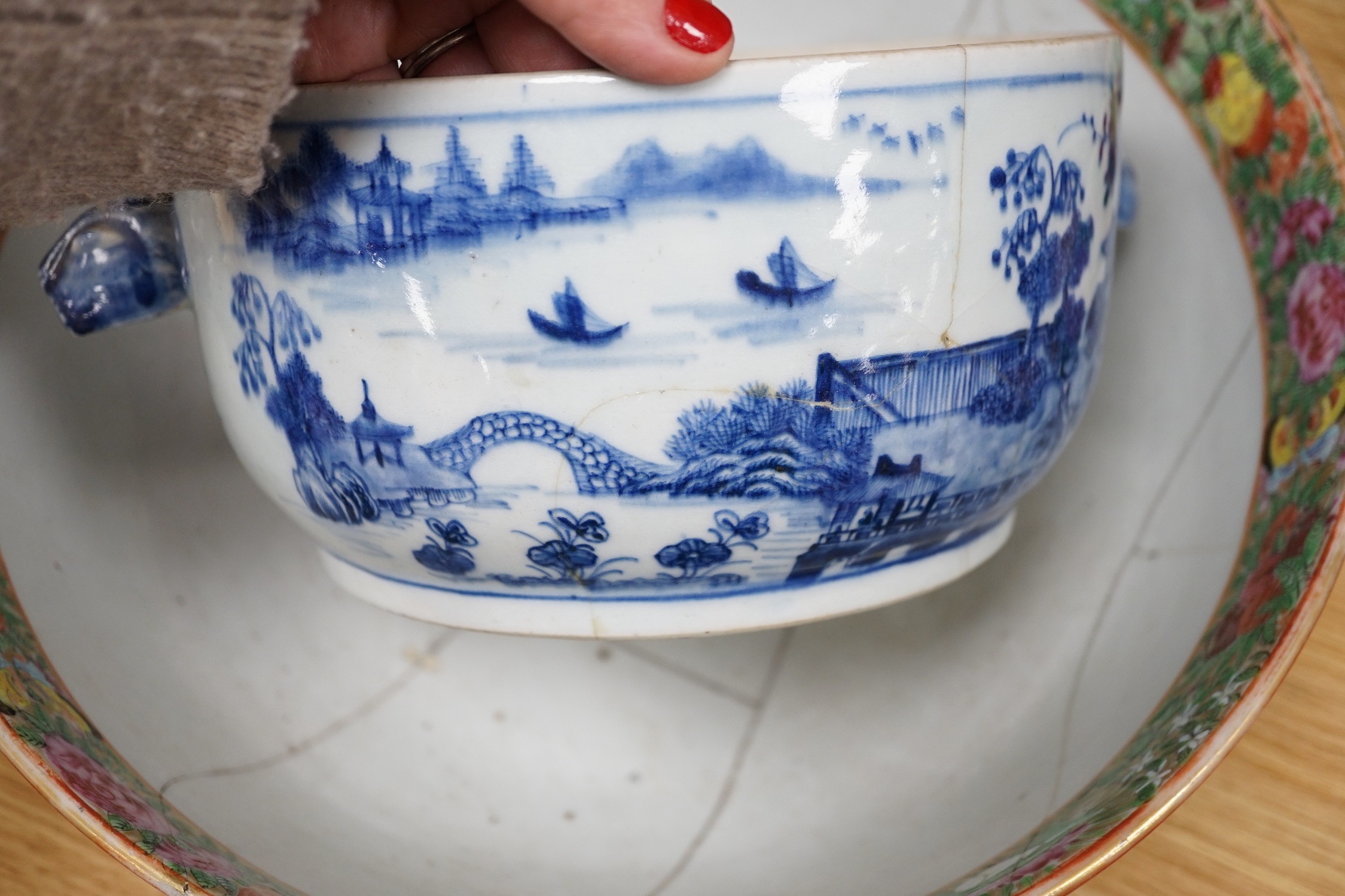 A 19th century Imari bowl, a famille rose bowl and one other- all damaged